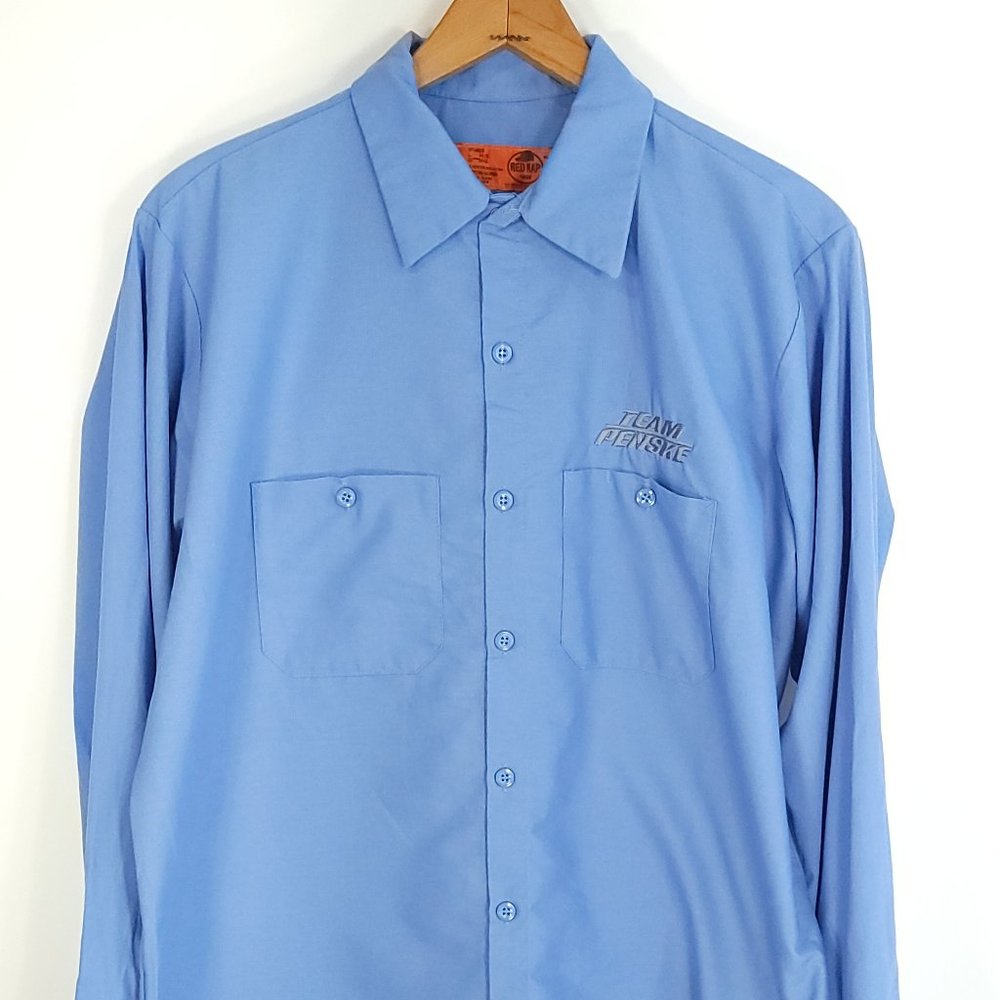 Team Penske Work Shirt Men's Large Blue Button Front Red Kap Long Sleeve